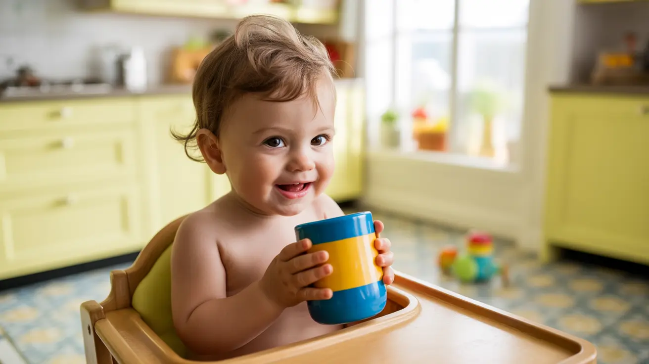 A happy 1-year-old child drinking water from a colorful cup in a cheerful kitchen environment