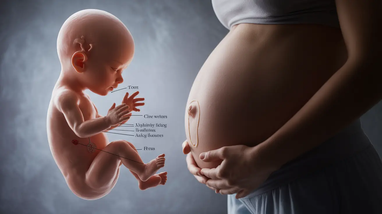 Illustration of 10-week fetus development with labeled features and a silhouette of a pregnant woman showing symptoms like visible veins and mild cramping.