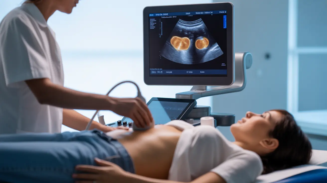 Detailed illustration of an abdominal ultrasound in a clinical setting, showing technician conducting the ultrasound with visible gas pockets in intestines causing acoustic shadowing.