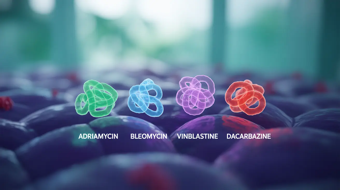 Detailed illustration showing the four drugs of ABVD chemotherapy (Adriamycin, Bleomycin, Vinblastine, Dacarbazine) with labels in an educational setting.