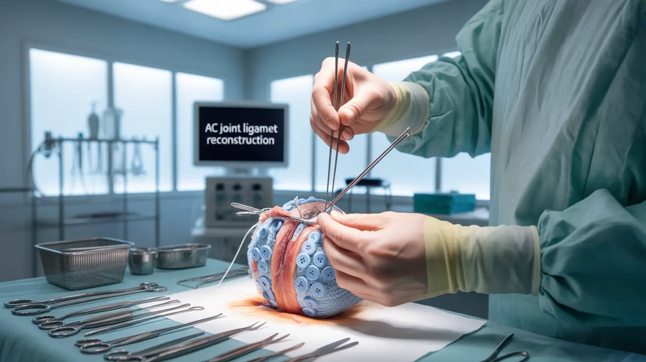 Detailed illustration showing AC joint repair surgery with ligament reconstruction, surgical buttons and plates, clinical setting, precise lighting