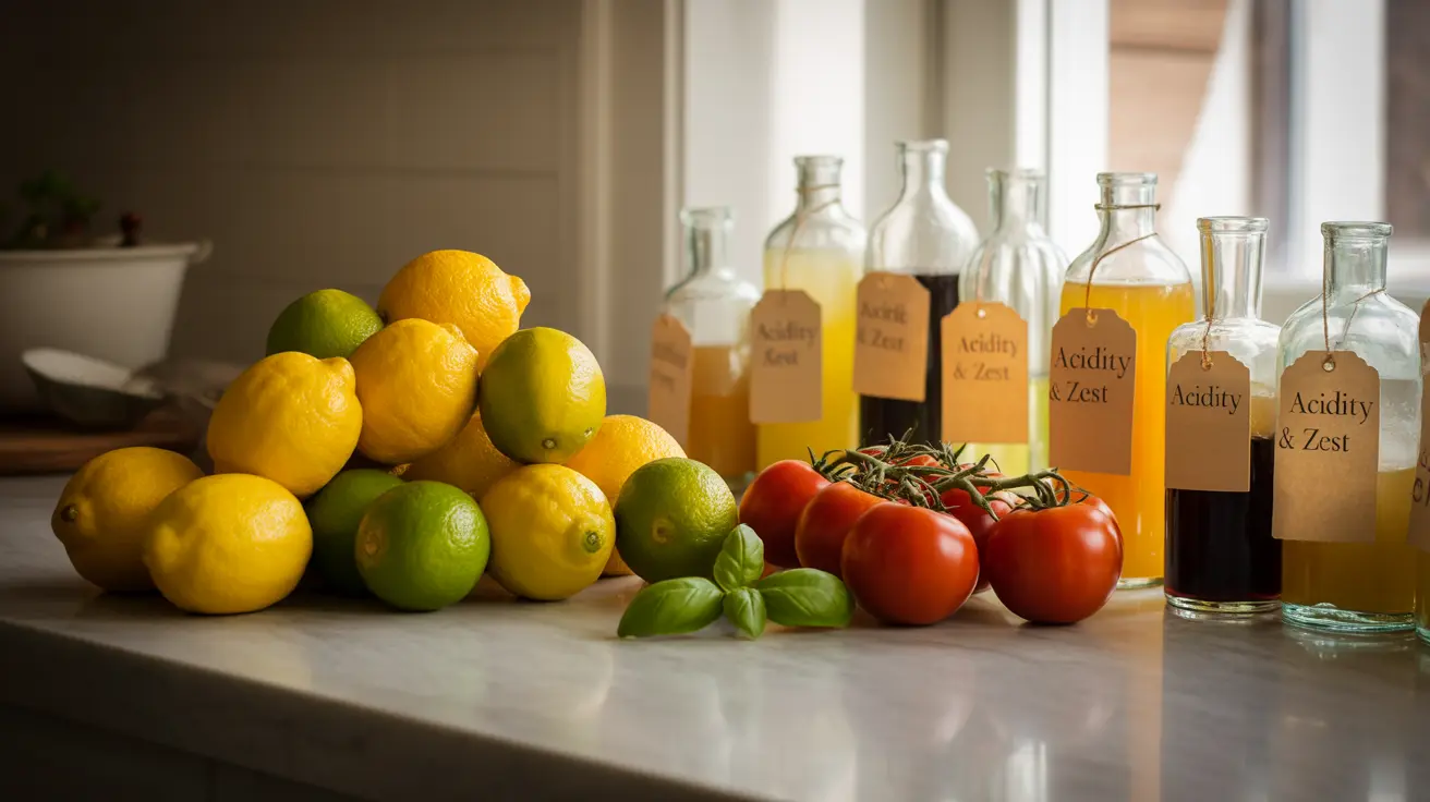Detailed illustration of a bright kitchen counter featuring a variety of acidic foods such as lemons, limes, tomatoes, and vinegar bottles, showcasing their vibrant colors and nutritional benefits, warm light creating an inviting atmosphere.