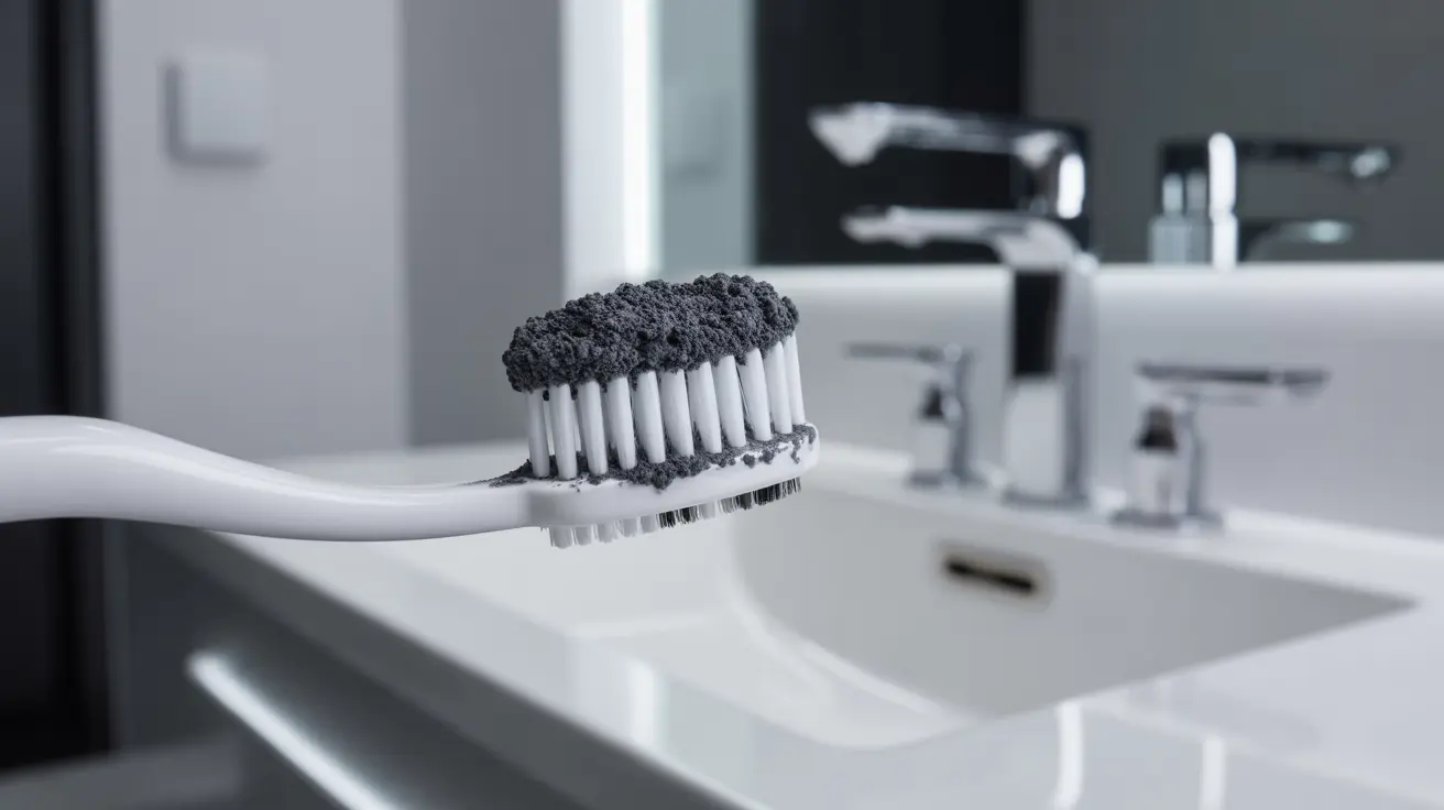 Close-up of a toothbrush with activated charcoal powder brushing teeth, in a clean bright bathroom, highlighting the charcoal application