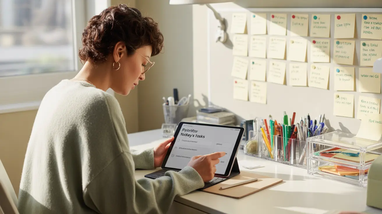 Detailed illustration of a person with ADHD in a bright home office, using color-coded systems and a digital device to organize tasks.
