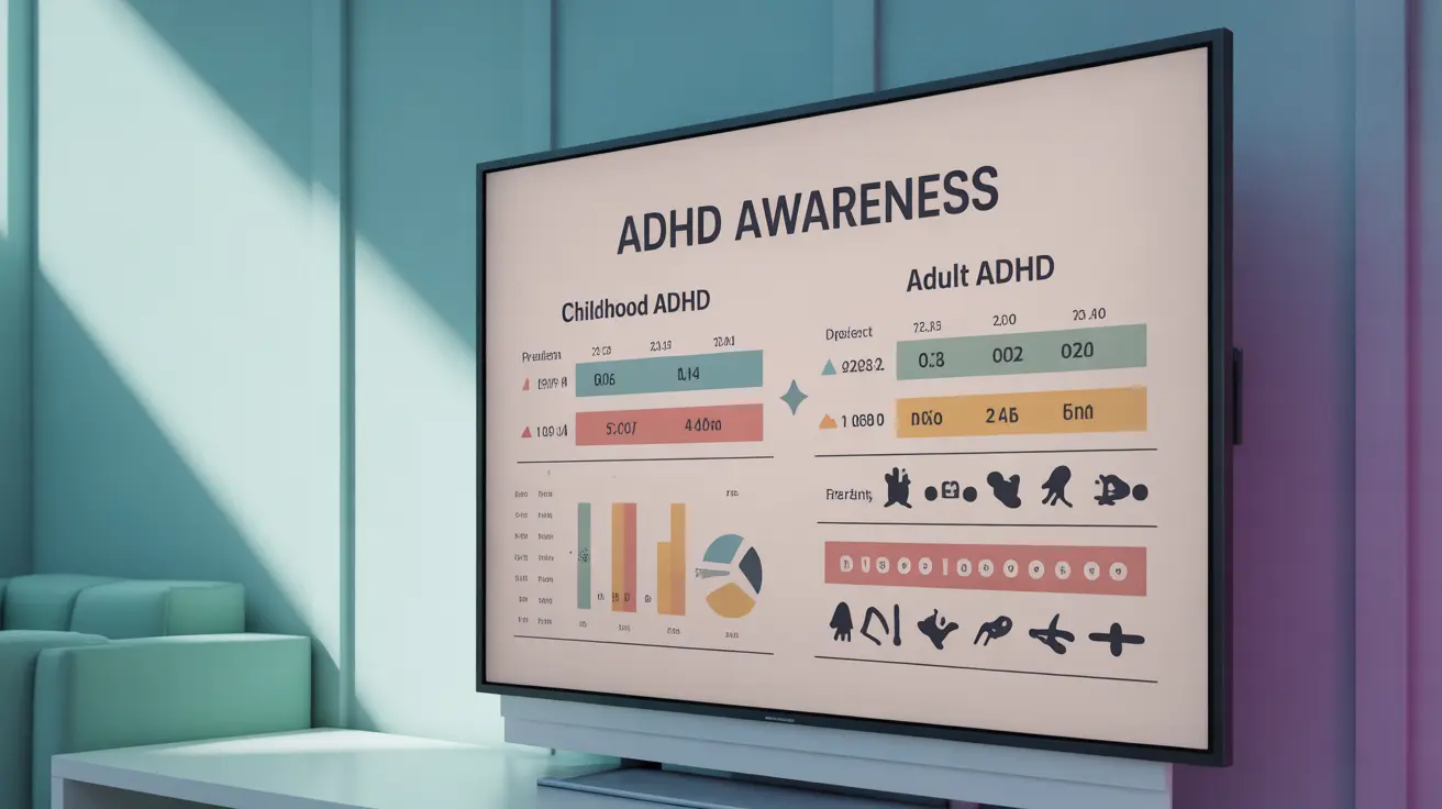Infographic with data on ADHD prevalence, regional diagnosis variations, treatment options, gender differences, childhood and adult ADHD, using color coding and icons.
