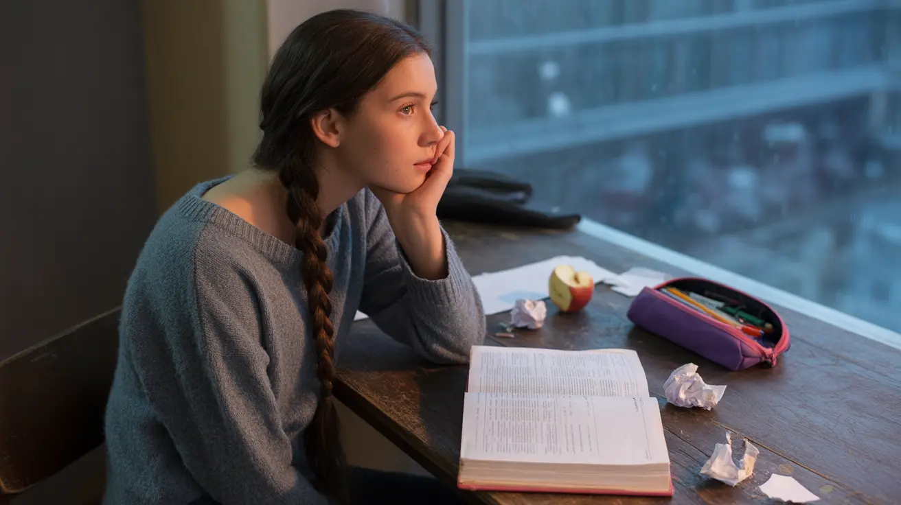 Teenage girl at desk, appearing withdrawn, surrounded by scattered educational materials in calm study environment