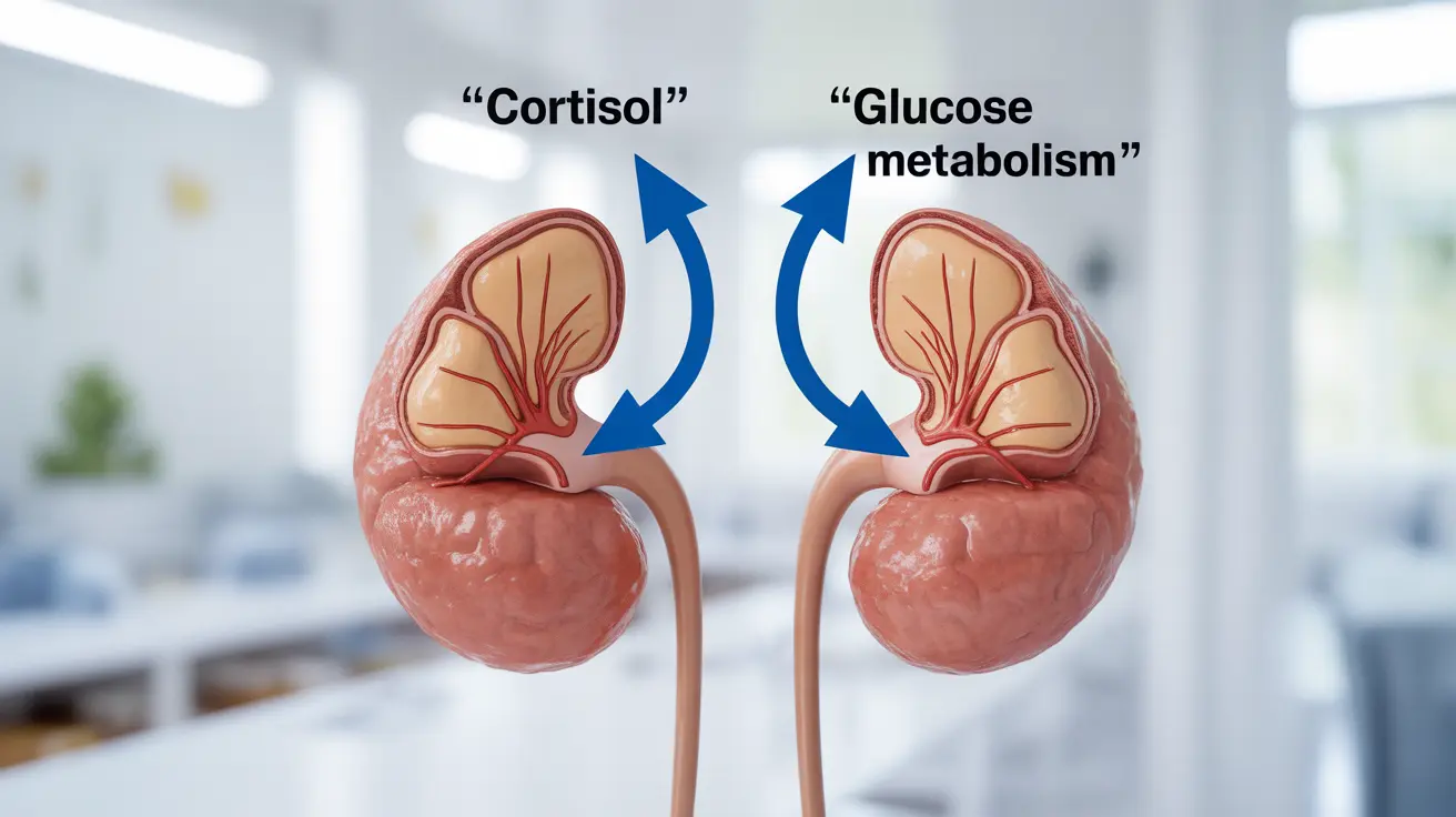 Anatomical depiction of adrenal glands with pathways for blood sugar regulation, showing cortisol's effect; labeled arrows on a white background.