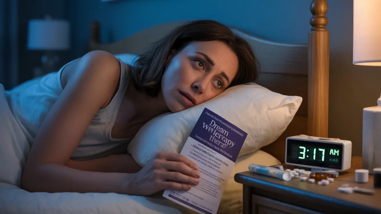 Detailed illustration of an adult lying in bed with a concerned expression, surrounded by sleep disturbance symbols like a clock, sleep aids, and a restless environment.