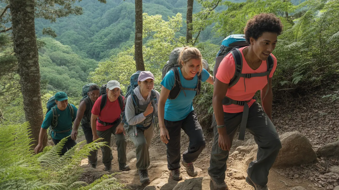 Diverse group of adults engaging in a vigorous hike on a steep forest trail surrounded by lush greenery in bright natural daylight.