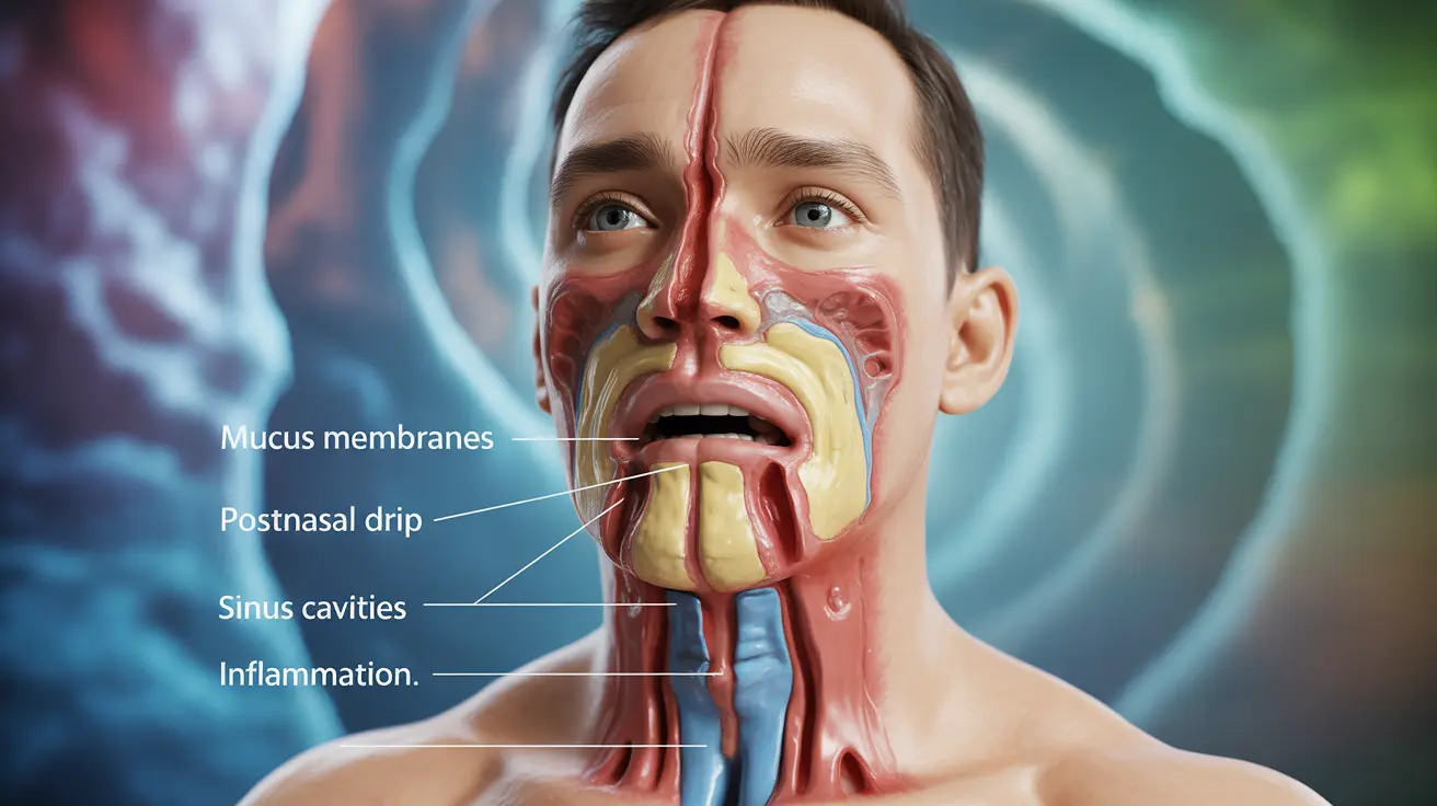 Detailed illustration showing a cross-section of the human throat and sinuses affected by allergies, highlighting postnasal drip and inflammation, with labels indicating symptoms, set against an abstract background.