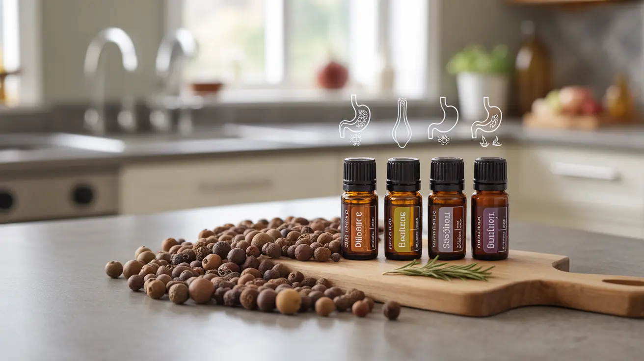 Detailed illustration featuring an arrangement of allspice berries, essential oils, and related health elements on a kitchen countertop with natural lighting.