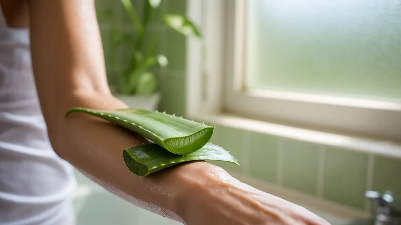 Detailed illustration of aloe vera and green tea leaves with gentle application on skin, soft natural lighting in soothing bathroom setting.