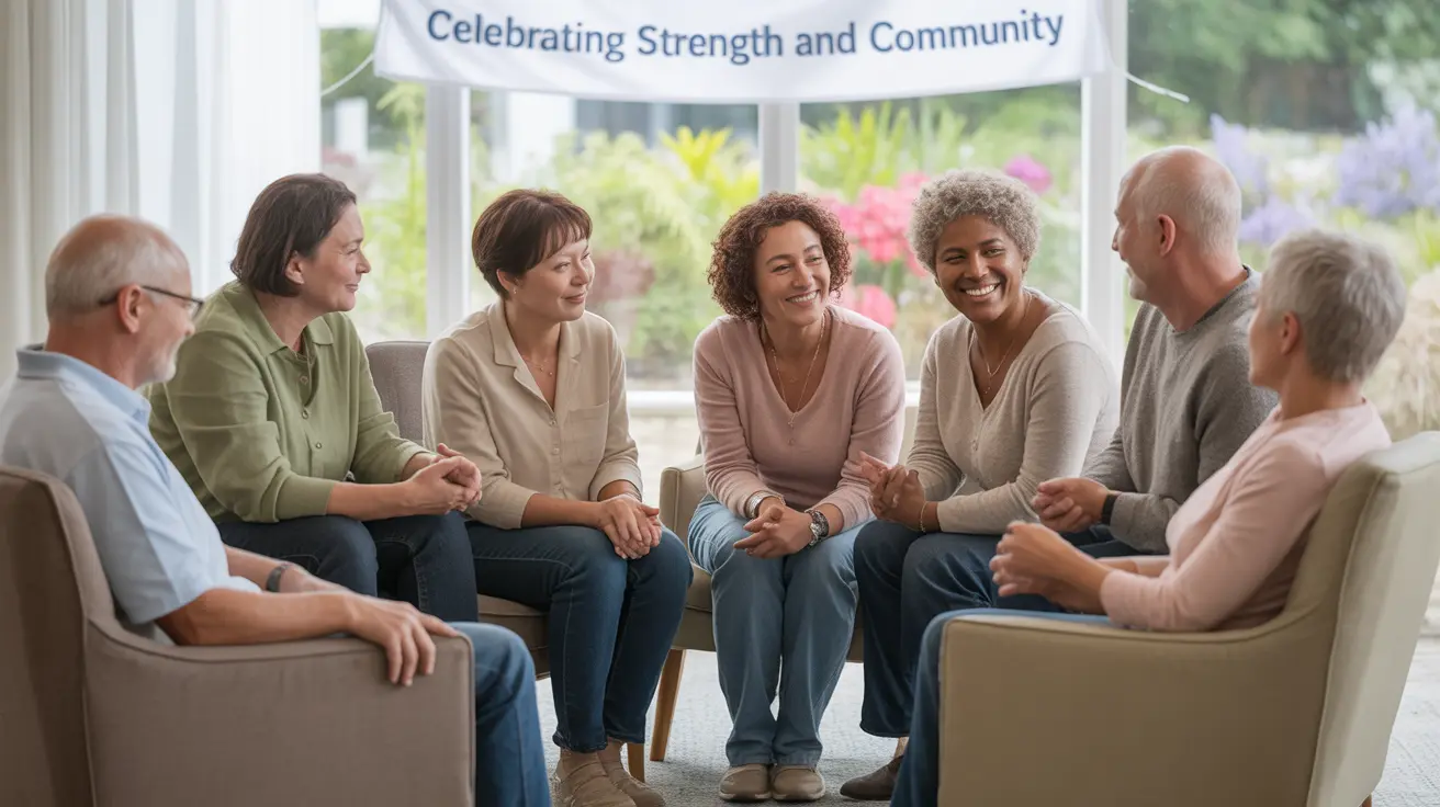 A diverse group showcasing different patterns of hair loss at a supportive community event inside a bright indoor community center
