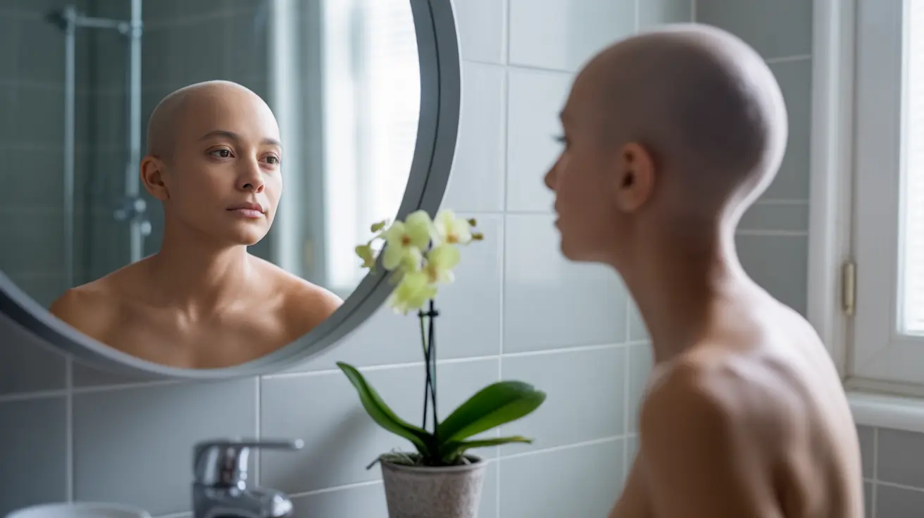 Person experiencing alopecia universalis looking in the mirror in a bright, modern bathroom with smooth, hairless skin.