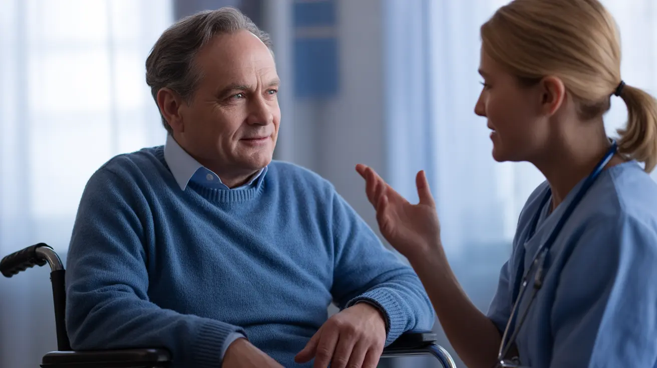 Person in a wheelchair consulting with a healthcare professional in a bright clinical setting about ALS management