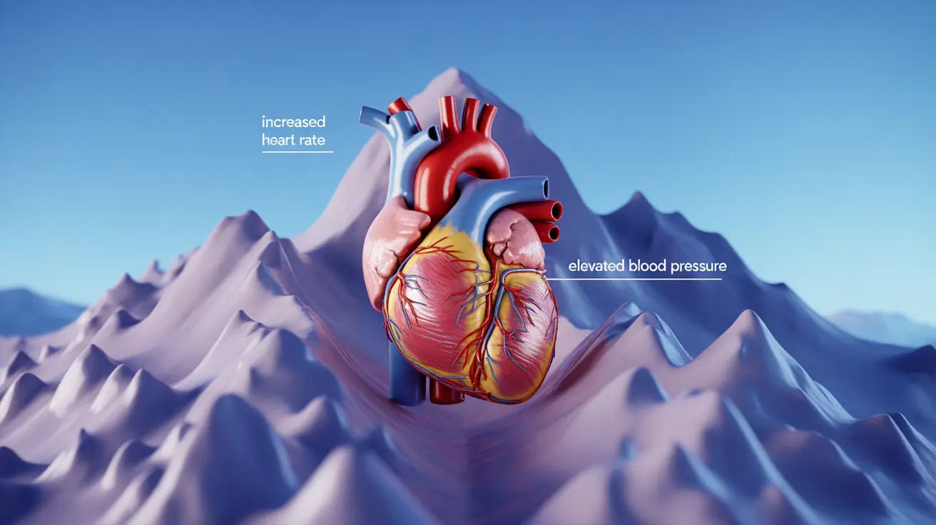 Illustration of a human heart within mountain background, showing increased effort to pump blood at high altitude, emphasizing physiological changes like heart rate and blood pressure.