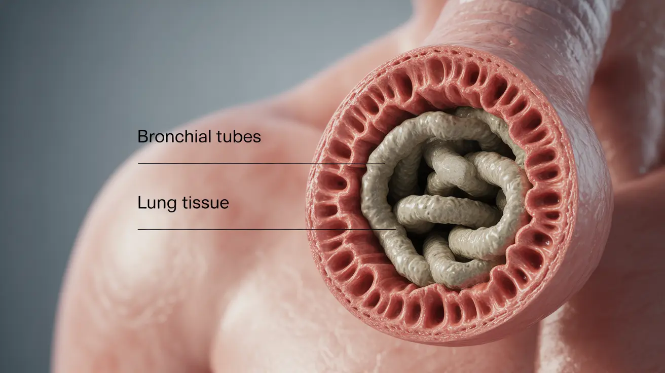 Anatomical illustration showing bronchial tubes with thick rubbery casts in cross-section, labeled structures, clinical tone