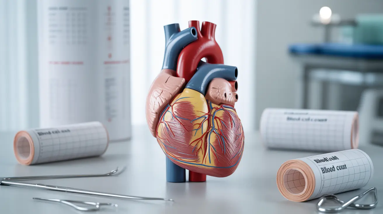 Detailed illustration of an anatomical heart showing blood flow with anemia indicators, set against a clean clinical background featuring medical charts and equipment.
