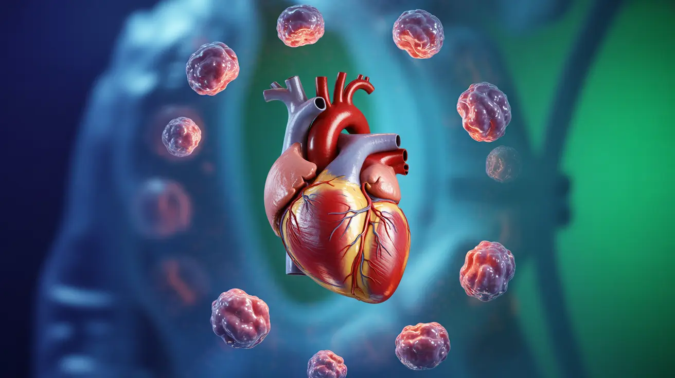 Detailed illustration showcasing an anatomical heart alongside representations of cancer cells, set against an abstract background symbolizing public health data and trends.