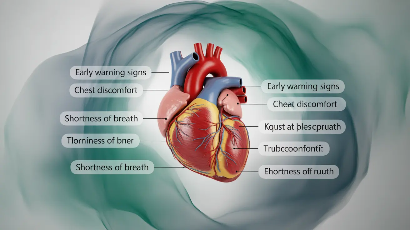Detailed medical illustration of an anatomical heart showing early warning signs of a heart attack such as chest discomfort and shortness of breath, with clear labeling and gradient lighting.