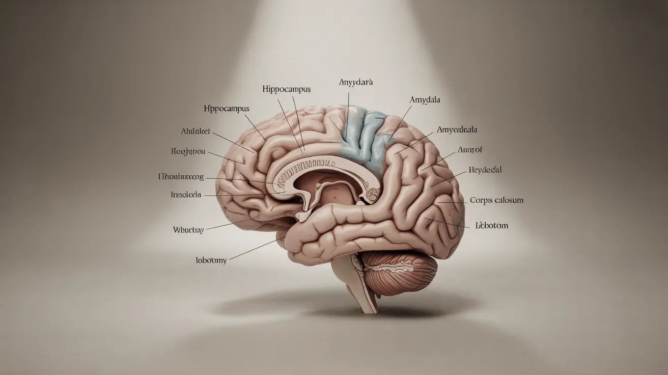 Detailed illustration of human brain highlighting prefrontal cortex and neural pathways affected by lobotomy, labeled key brain regions.
