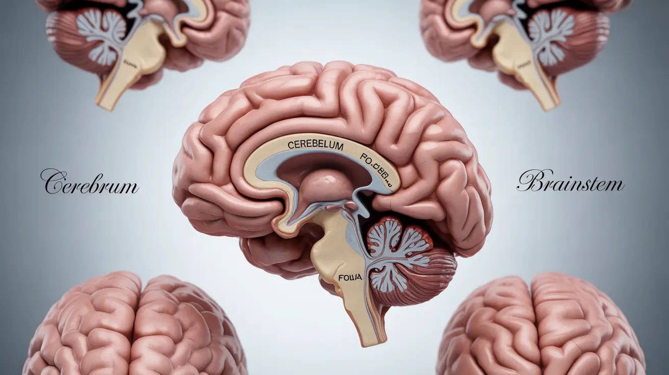 Anatomical illustration of the human brain focusing on an underdeveloped cerebellum, showing areas for coordination and balance on a white background.