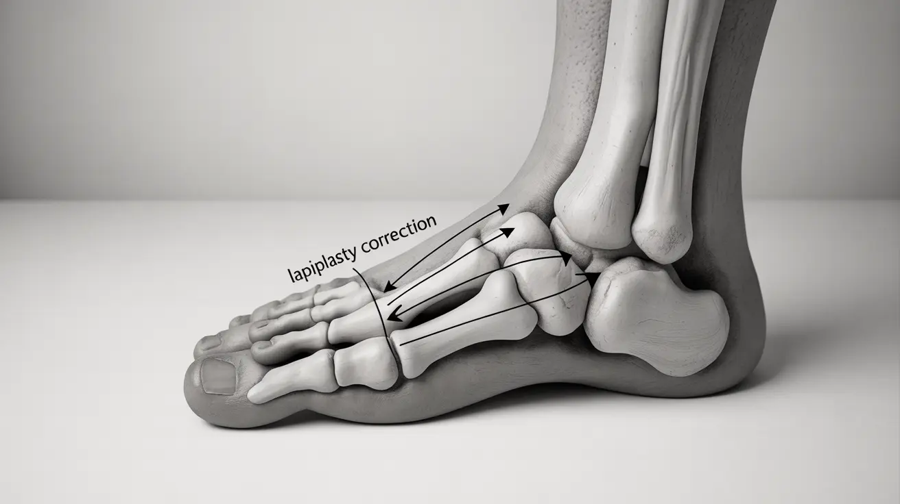 Detailed anatomical illustration of a foot showcasing a bunion deformity, with arrows indicating the lapiplasty correction process, clean white background, bright clinical lighting.