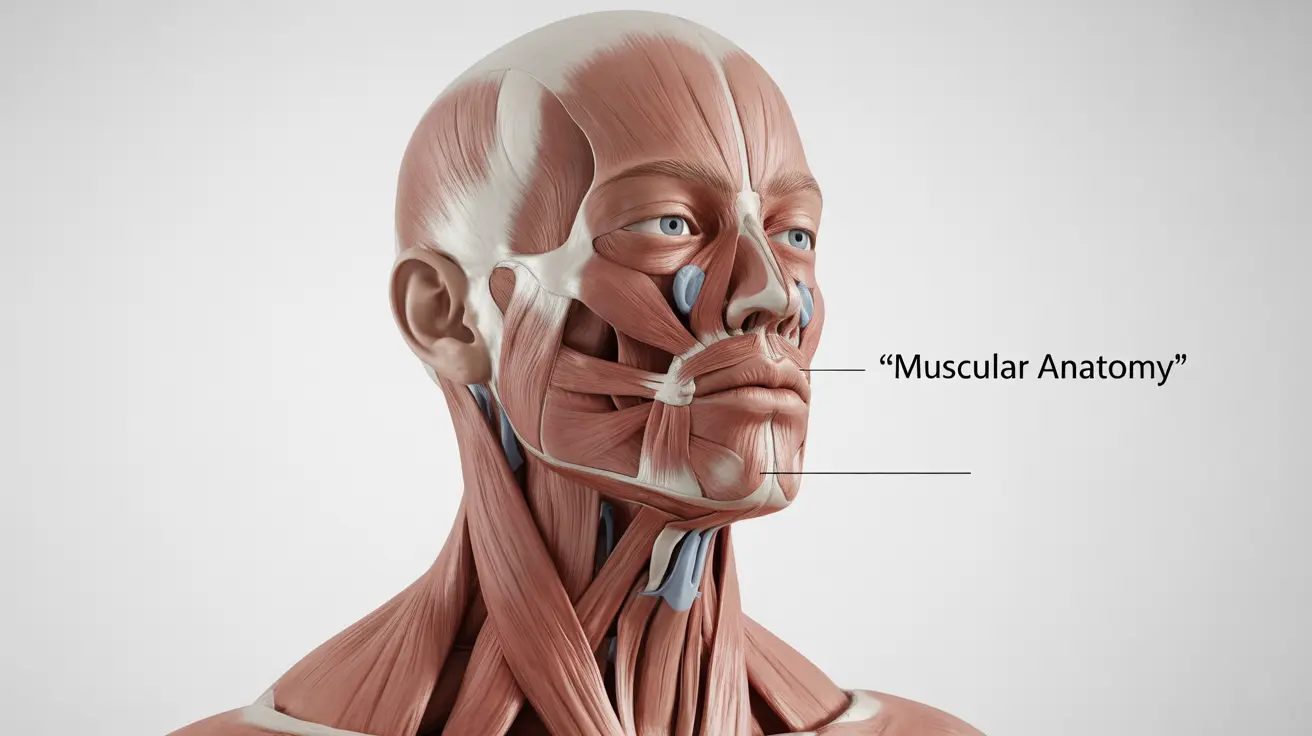 Detailed illustration, anatomical view of the head and neck region showing muscles, joints, and pressure points associated with popping sensations.