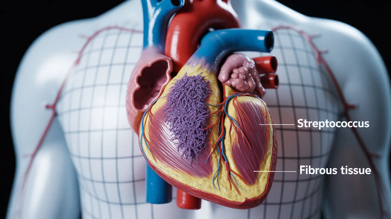 Detailed anatomical illustration showing cutaway view of human heart with bacteria on heart valves, labeled, in clinical lighting