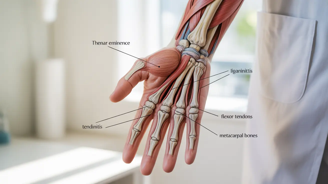 Detailed anatomical illustration of the human hand with emphasis on the thenar eminence, showing muscle structure and common conditions like arthritis and tendinitis.