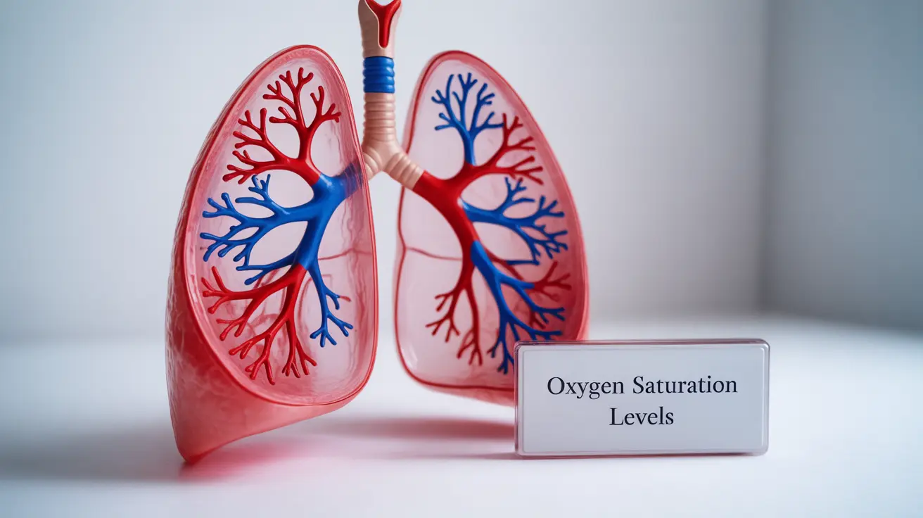 Anatomical illustration of human lungs showing oxygen transfer, highlighting blood oxygen saturation with labeled alveoli and capillaries on a white background.