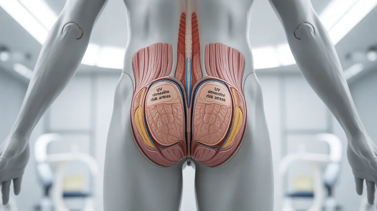 Detailed anatomical illustration showing the perineum and surrounding skin structures with labels indicating vulnerability to UV radiation, clean clinical background, bright lighting, informative and cautionary tone.
