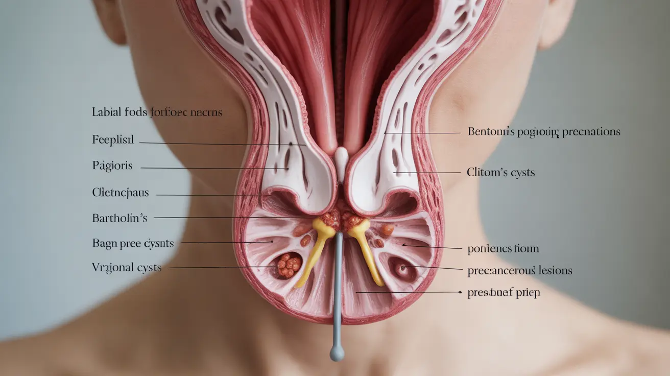 Detailed anatomical illustration of the vulva, featuring different types of labial bumps, with clean neutral background and clinical presentation