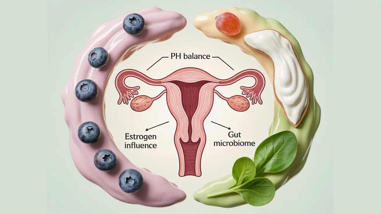 Anatomical illustration of vaginal health showing hormonal and lifestyle influences on pH balance, featuring symbols for hormones and probiotic foods.
