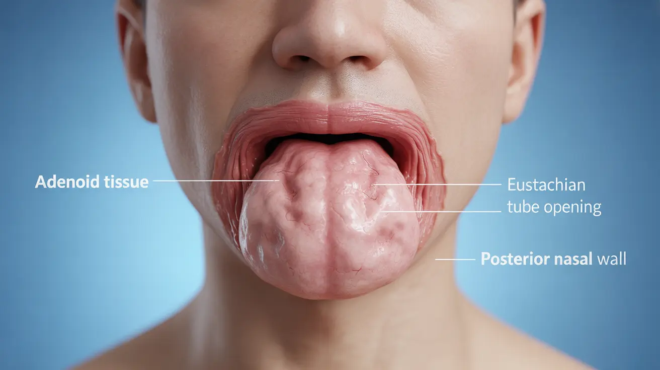 Detailed anatomical illustration showing enlarged adenoid tissue in the upper throat behind the nose with labeled parts, blue and white color scheme