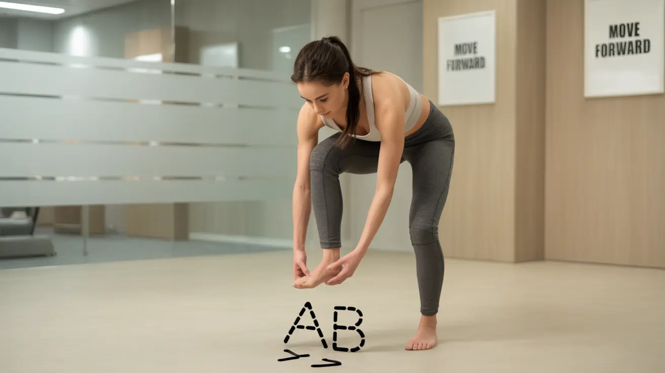 Detailed illustration of a person performing ankle rehabilitation exercises in a modern clinic, showcasing ankle alphabet movements and balance training.