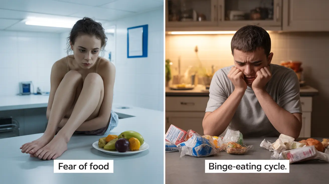 Detailed illustration, split-screen depicting a person with anorexia nervosa on one side showing extreme thinness and fear of food, and a person with bulimia nervosa showing binge-eating behavior, emotional turmoil reflected.