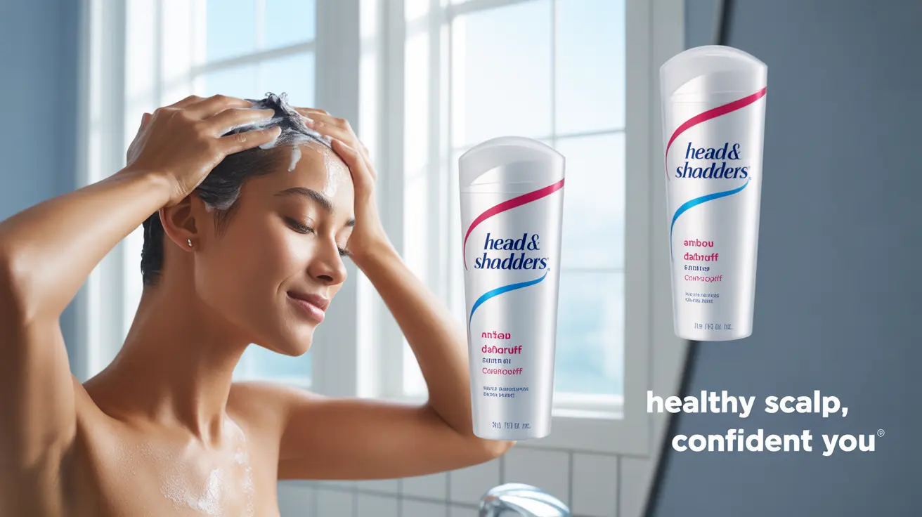 Close-up of a person applying anti-dandruff shampoo to their scalp in a bright modern bathroom with natural light