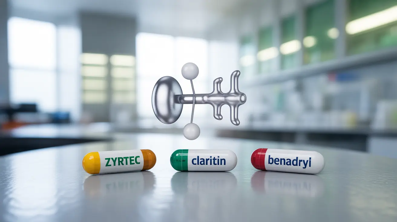 Detailed illustration showing capsules of Zyrtec, Claritin, and Benadryl with visual representation of histamine being blocked, in a bright clinical setting