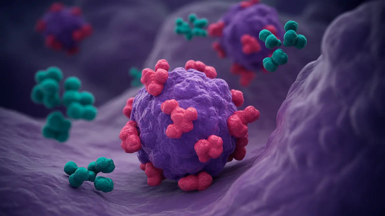 Detailed illustration of antineoplastic drugs interacting with cancer cells, showing molecules targeting cancerous structures in vibrant colors against a cellular background