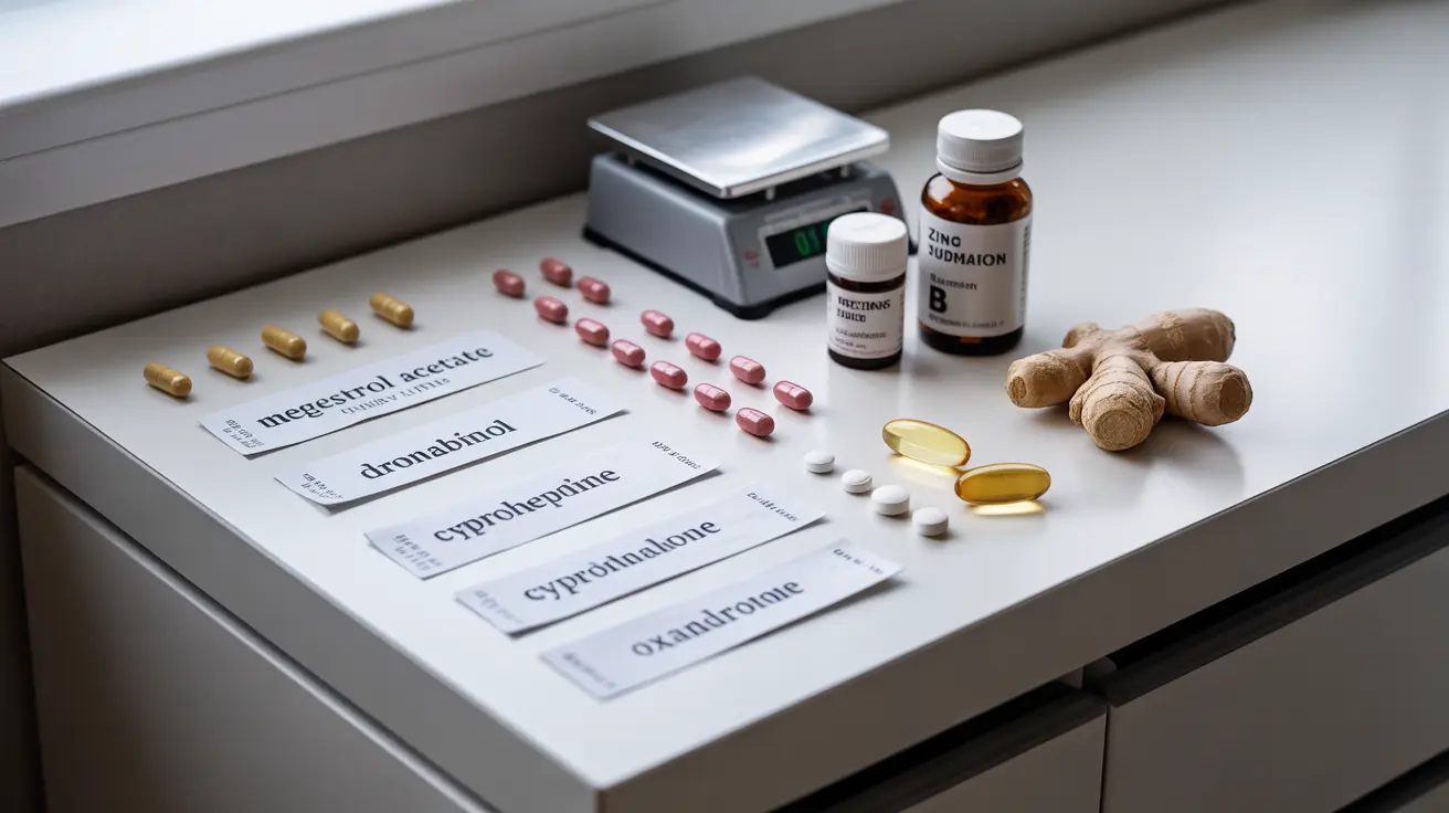 Illustration of appetite stimulant pills Megestrol, Dronabinol, Cyproheptadine, Oxandrolone, and natural supplements like zinc and ginger.