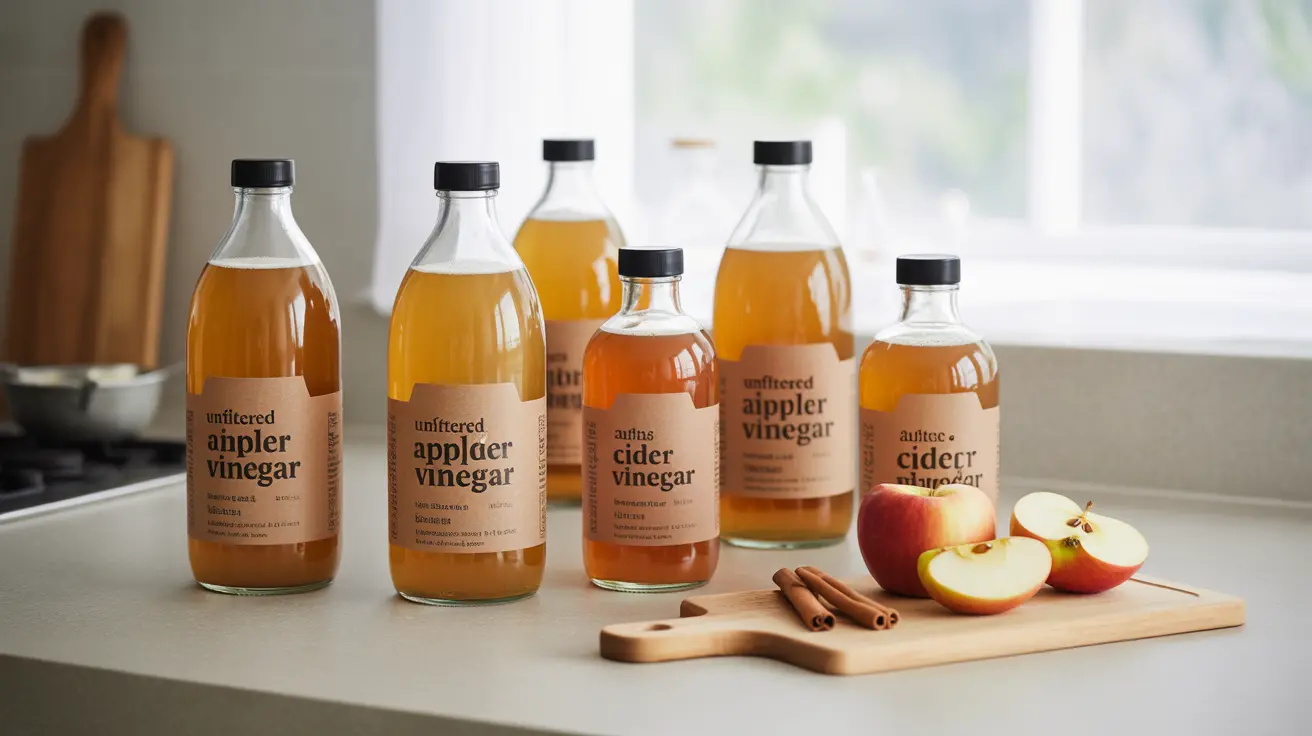 Close-up of several bottles of apple cider vinegar on a kitchen counter, showing both filtered and unfiltered types with clear labeling.
