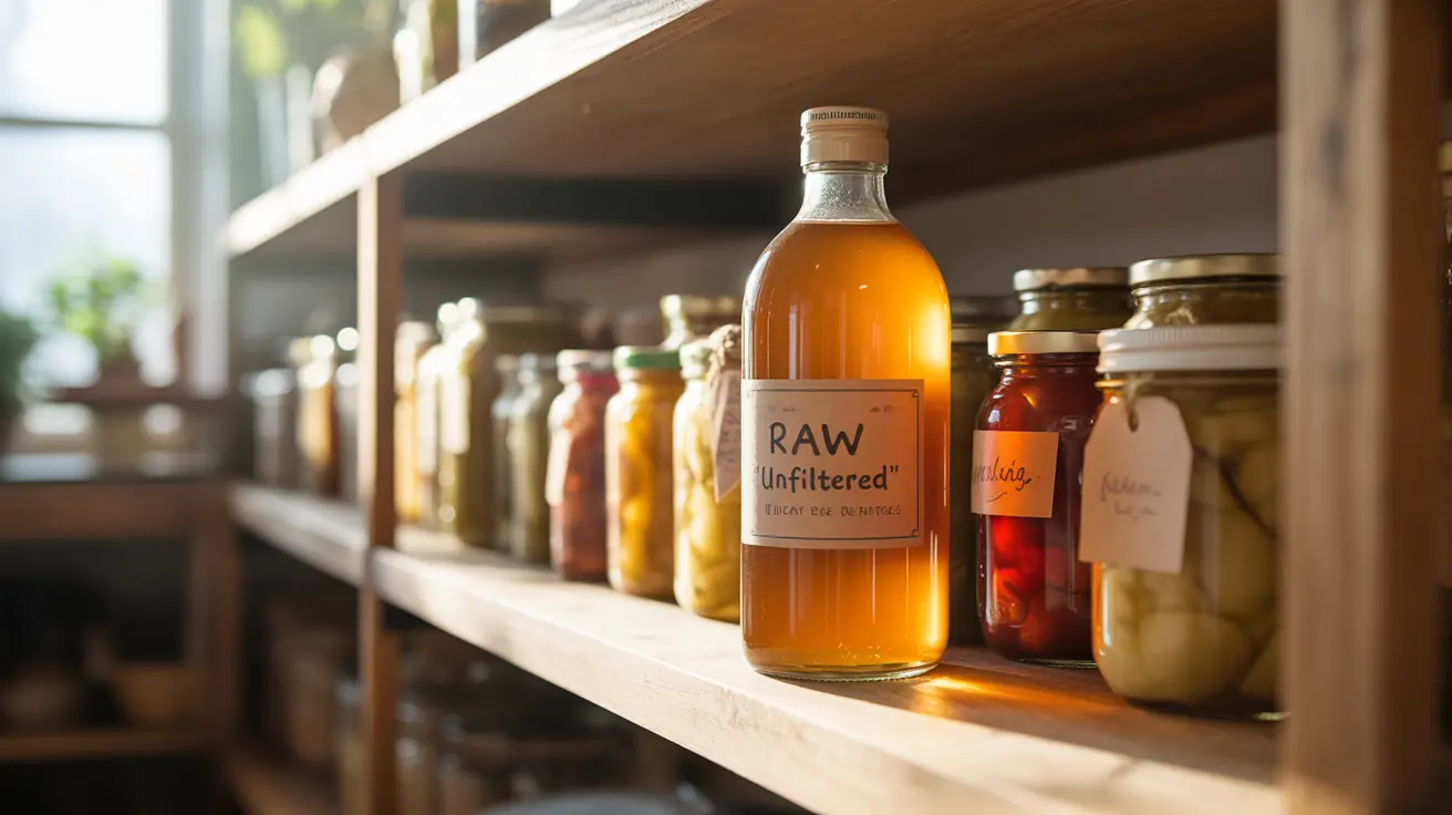 Bottle of apple cider vinegar stored in a cool, dark kitchen pantry with neatly arranged items, conveying an organized atmosphere