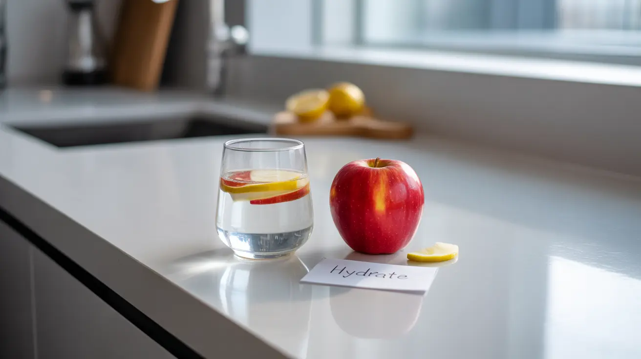 Glass of water with apple cider vinegar and apple on modern kitchen counter in soft daylight