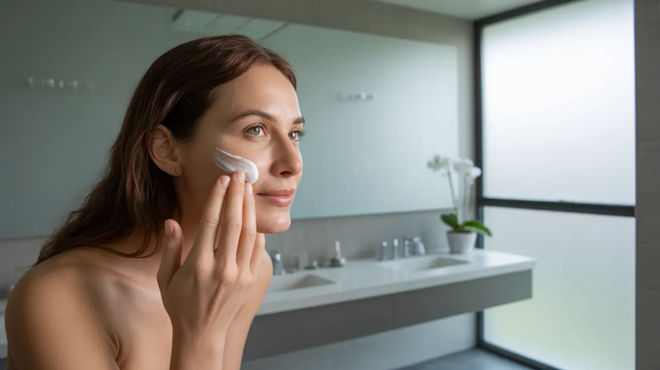 Person massaging moisturizer onto face in bathroom mirror, minimalistic decor, soft daylight
