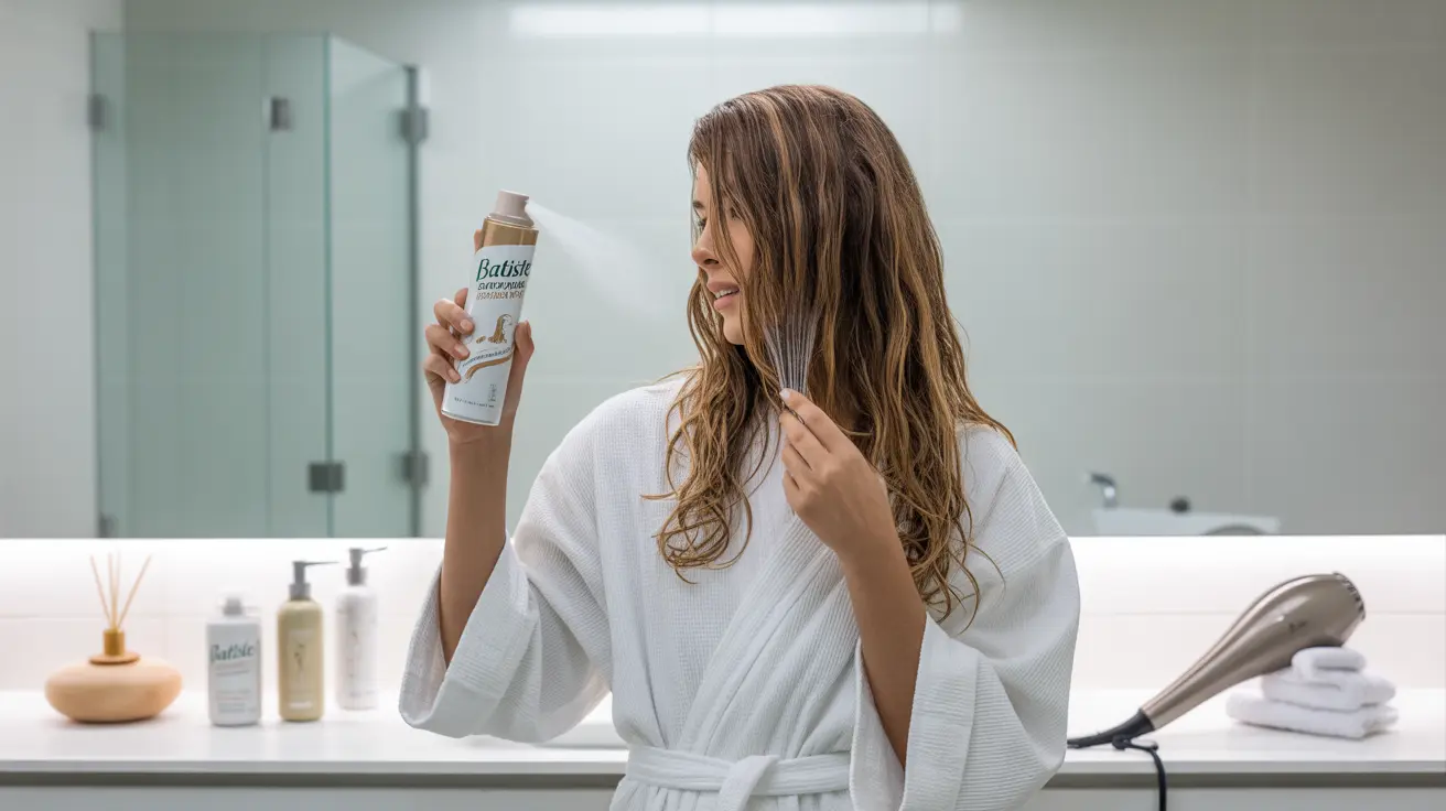Person applying dry shampoo in a modern bathroom, with hair care products on the counter under bright even lighting