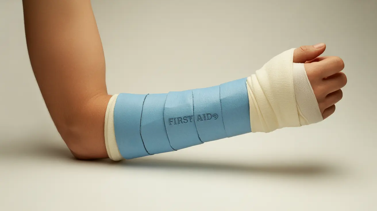 Illustration showing an arm in a sling and secured with a splint, highlighting proper immobilization technique with bright lighting and a neutral background