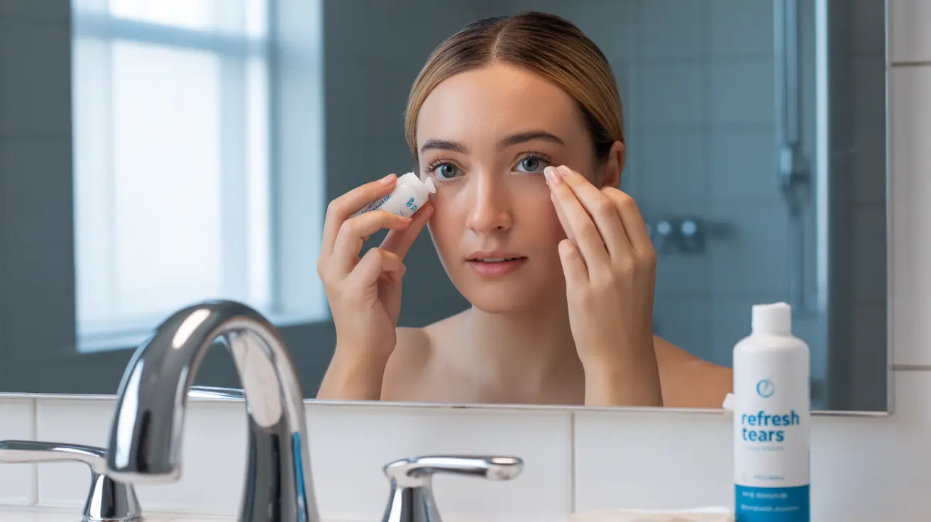 Detailed illustration of a person applying preservative-free artificial tears while wearing contact lenses in a bright bathroom setting.