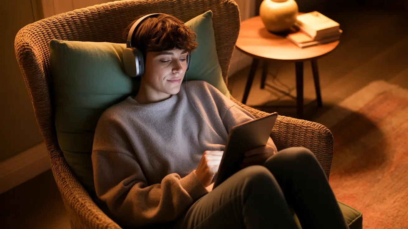 Person comfortably seated in a dimly lit room wearing headphones and watching an ASMR video on a tablet, looking calm and relaxed