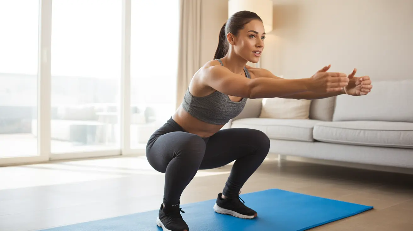 Person doing bodyweight squats and push-ups on a non-slip mat in a well-lit living room, focusing on form and execution.
